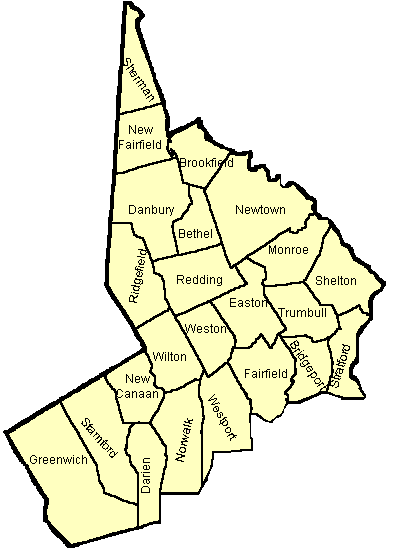 map of Fairfield  county, Connecticut linking town for news and updates