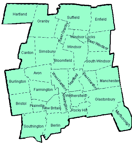 map of Hartford County, Connecticut linking town for news and updates