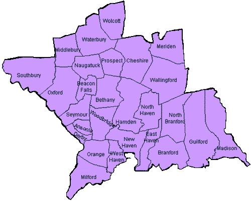 map of New Haven county linking to each town for news and updates