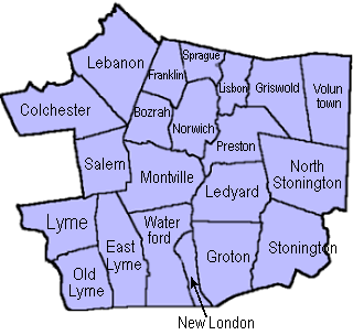 map of New London county, Connecticut linking town for news and updates