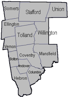 map of Tolland  county, Connecticut linking town for news and updates