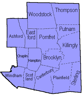map of Windham  county, Connecticut linking town for news and updates