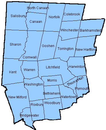 map of Litchfield county, Connecticut linking town for news and updates